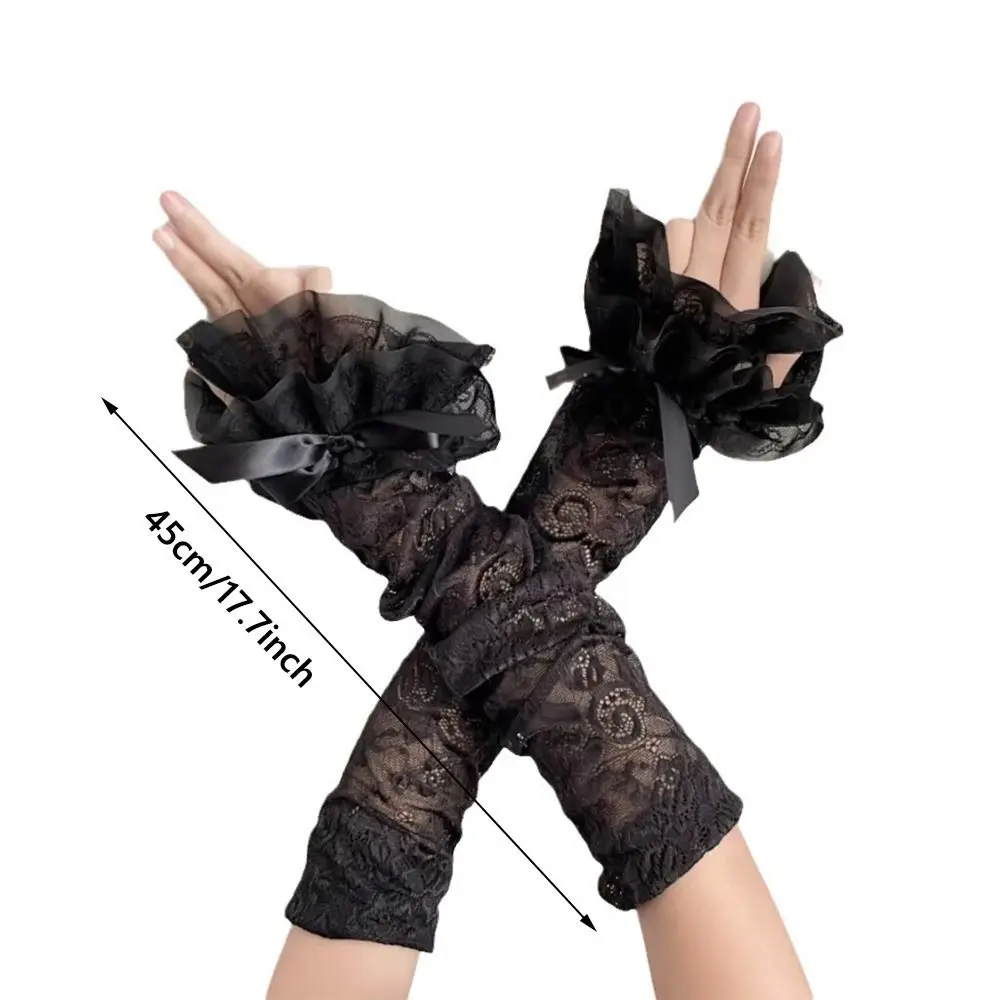 Verão wear y2k laço arco luvas proteção uv estilo fairycore luvas sem dedos doce pura malha braço mangas para mulher