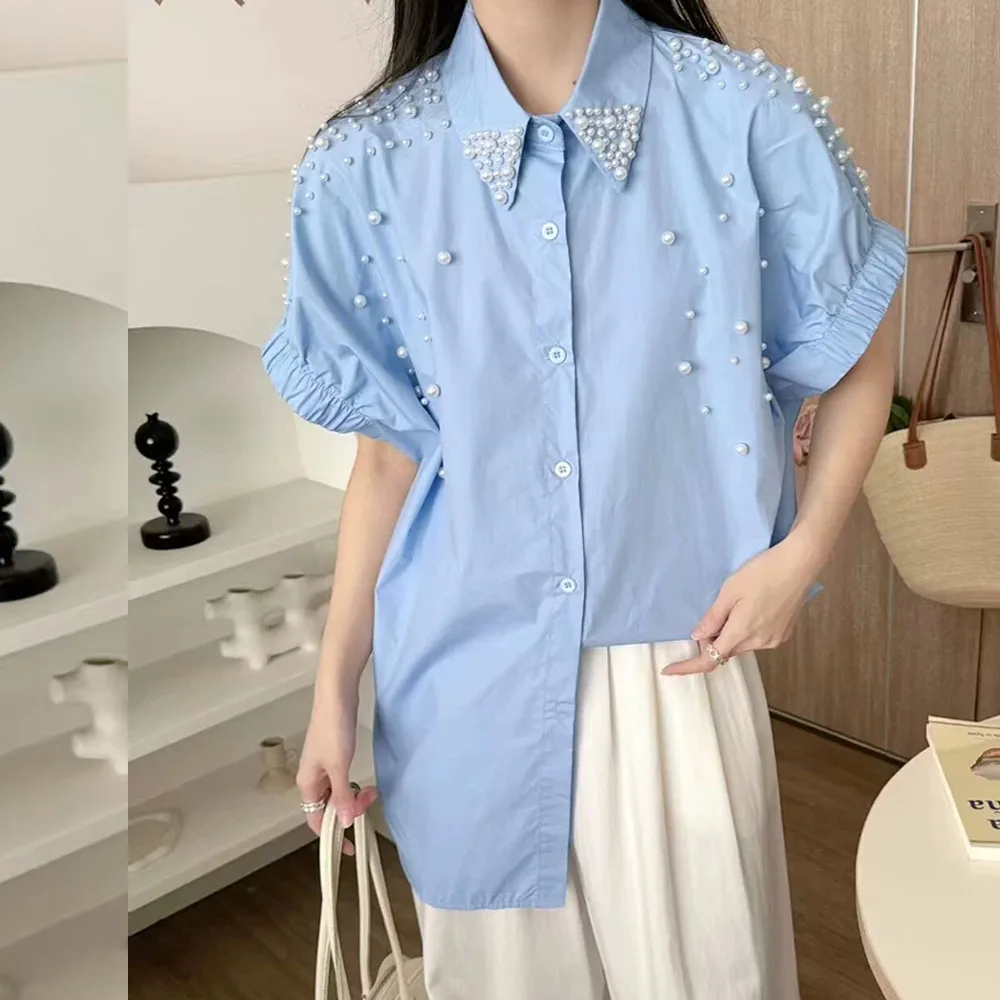 

bead work shirts women short sleeve pearl tops lady blouse