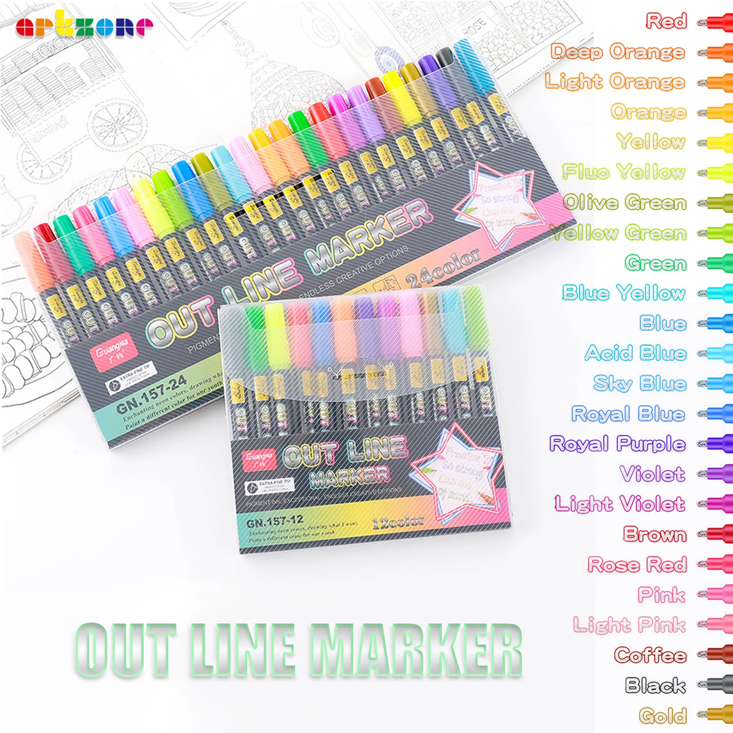 

12 24 Color Double Line Outline Art Marker Pen DIY Graffiti Out Line Highlighter Marker for Scrapbook Bullet Diary Poster Card