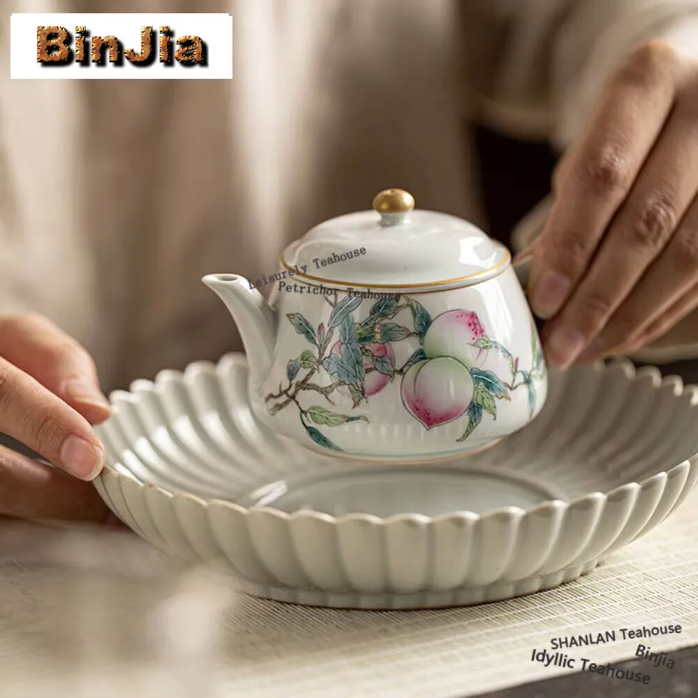 150ml Boutique Pure Hand-painted Pink Longevity Peach Teapot Handamde Sketch Pot Tea Maker Kettle Tea Services Supplies Craft
