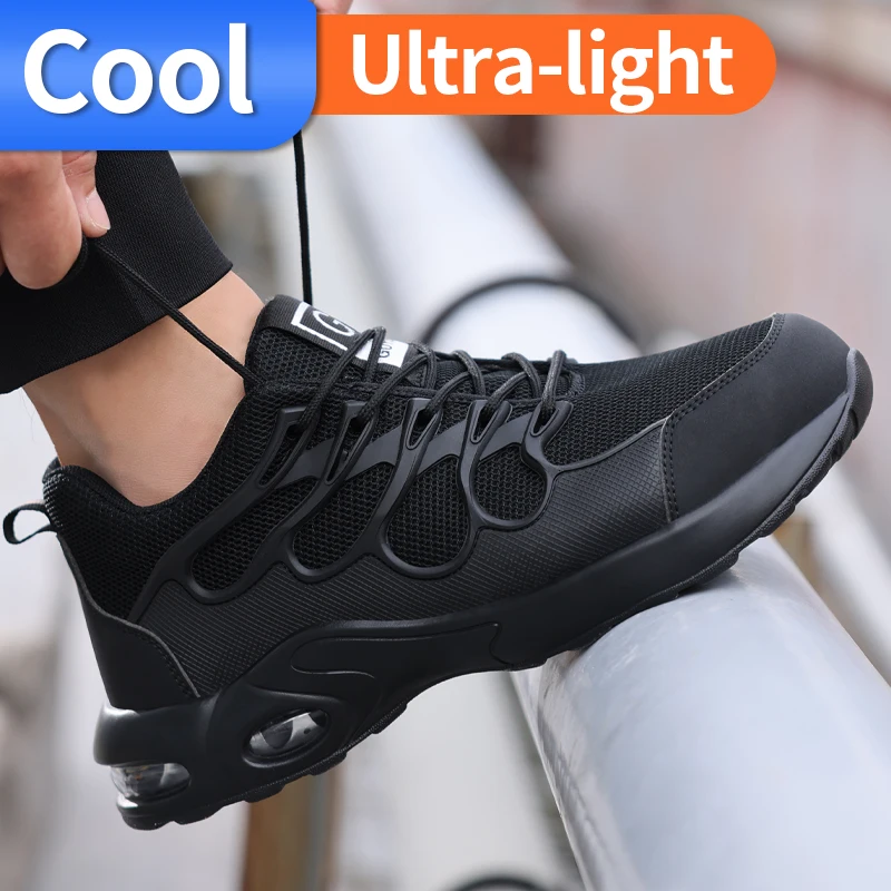 GUYISA Safety shoes Fashionable and ultra lightweight Steel toe Size 37-45 Black Anti smashing and anti stabbing work shoes