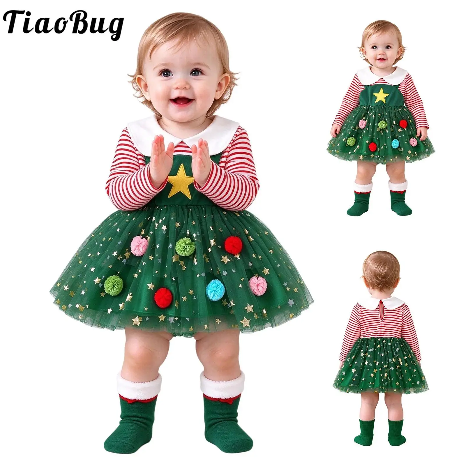 Toddler Baby Girls Spring Fall Christmas Dress Long Sleeve Striped Bodice Star Sequin Layered Tulle Dresses for Xmas Party