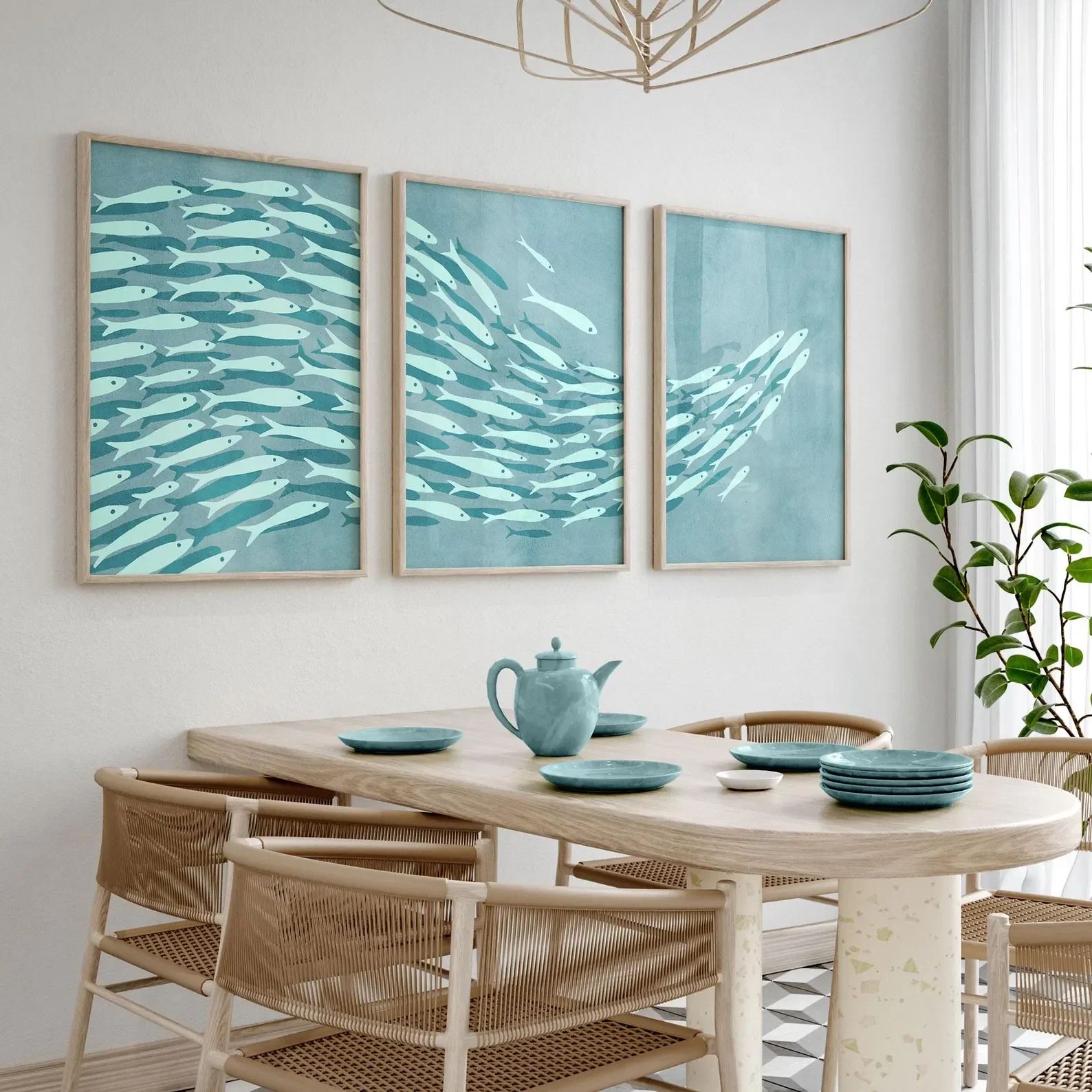 3pcs frameless Canvas Painting 3PCS Shoal of Fish Poster Set  Blue Coastal Wall Art  Nautical Beach Home Decor Boho Fish Poster