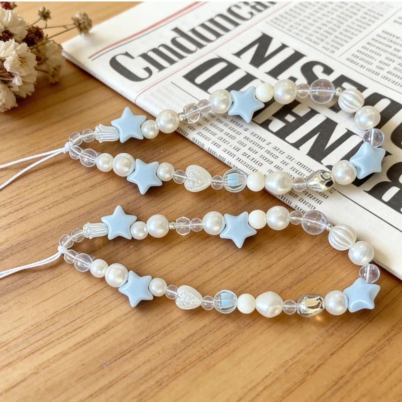 

2 Pieces Of Blue Star Pearl Lanyard Phone Chains Fashionable Pendants Accessories For iPhone For Xiaomi Fresh Style Short Chain