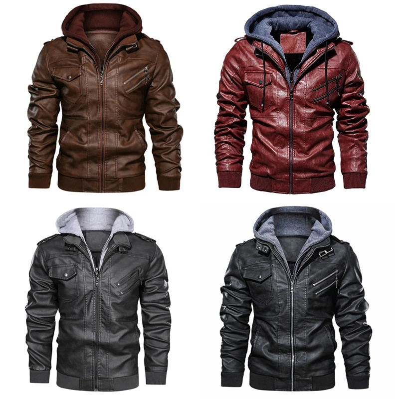 Motorcycle Men Leather Jacket Fall/Winter Velvet Lining Hooded Jacket Black Gray Red Brown Leisure PU Leather Hoodie Jacket