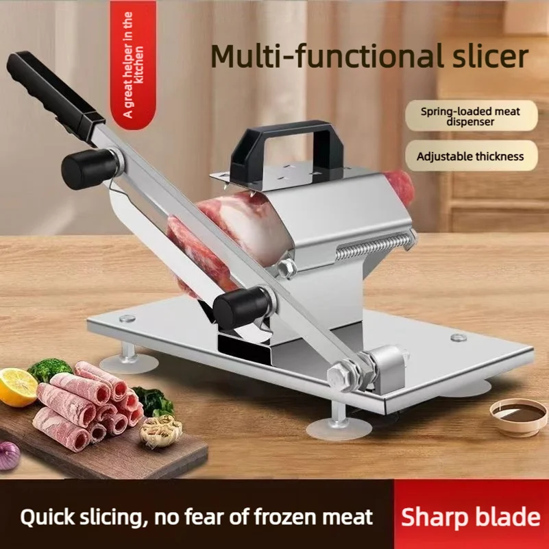 Household stainless steel meat slicer with spring-loaded automatic feed mechanism, designed for slicing lamb and frozen meat