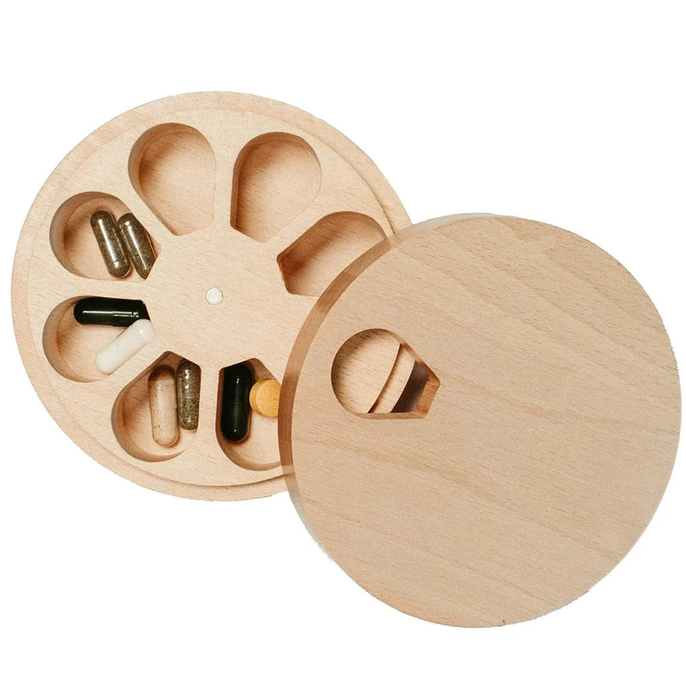 1Pcs Wood Weekly Pill Organizer for Medicine Vitamin, Pill Container 7 Day Magnetic Closure, Medium Compartments Holder