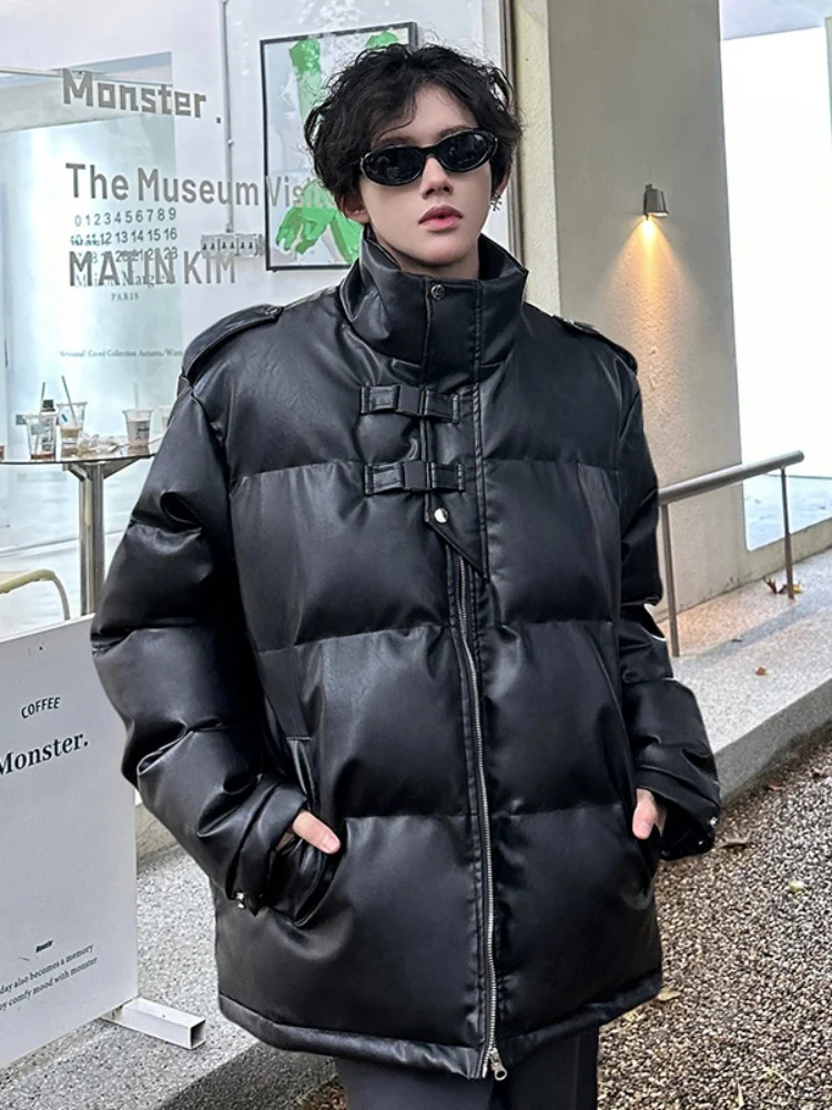 

Bla PU Leather Stand Collar Thiened Winter Jaet for Men Cotton Coat Warm Sli Casual American Sle Waterproof