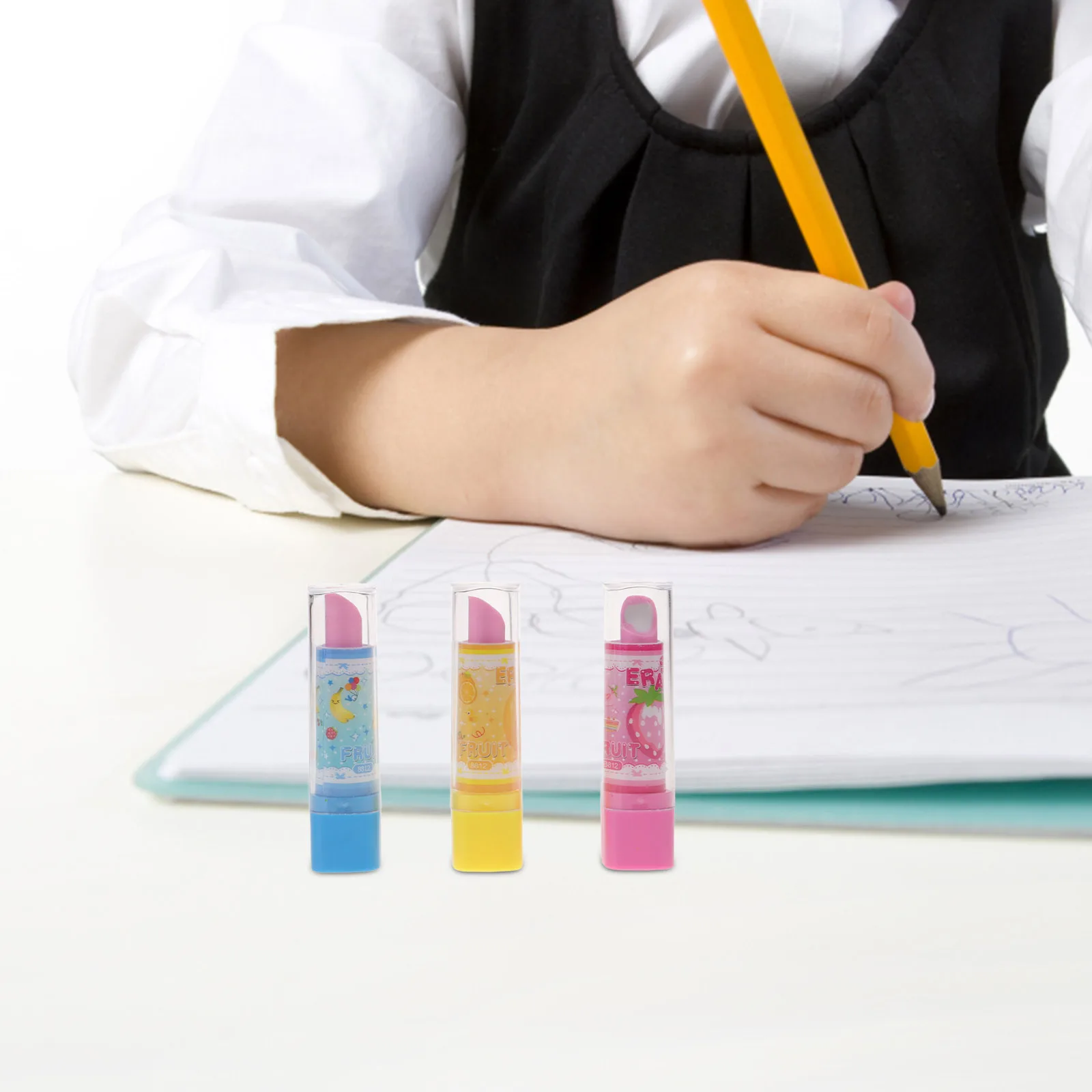 

3Pcs Cute Lipstick Shape Eraser Novelty Stationery Fun Cartoon Pencil Eraser Creative Gift for Kids Students