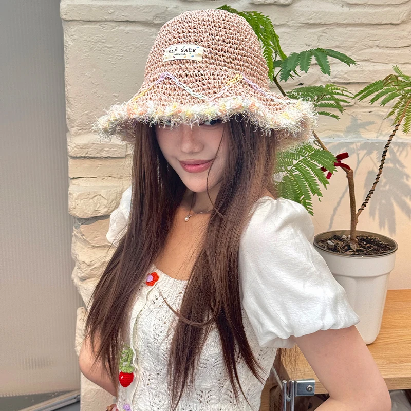 ELFSACK Women's Crochet Bucket Hat with Fringe Trim, Summer Colorful Stitch Sun Hat, Bohemian Casual Beach Hat
