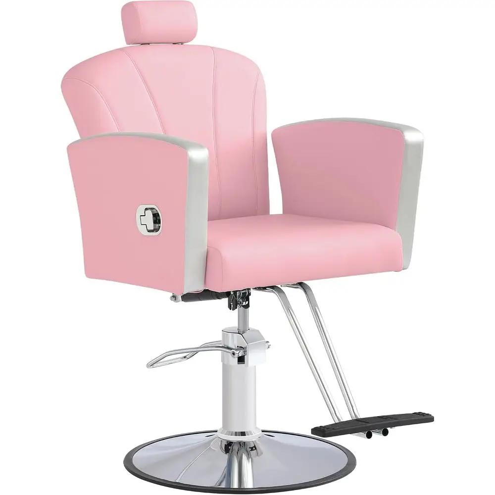 Adjustable Stylist Chair, Reclining Salon Chair, Hydraulic Barber Seat, 360 Swivel Shampoo Chair, Pink-Silver Barbershop Set