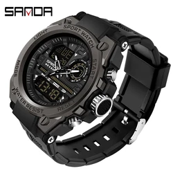 SANDA Men Sports Quartz Watches Dual Display LED Electronic Digital Wristwatches Waterproof Military Watch Relogios Masculino