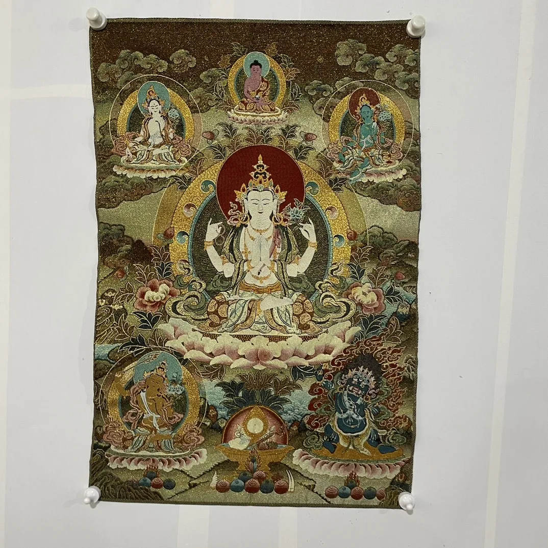 

35"Thangka Embroidery Tibetan Buddhism silk Embroidery Four Arm Guanyin Buddha Thangka Wall hanging Worship Hall Town house