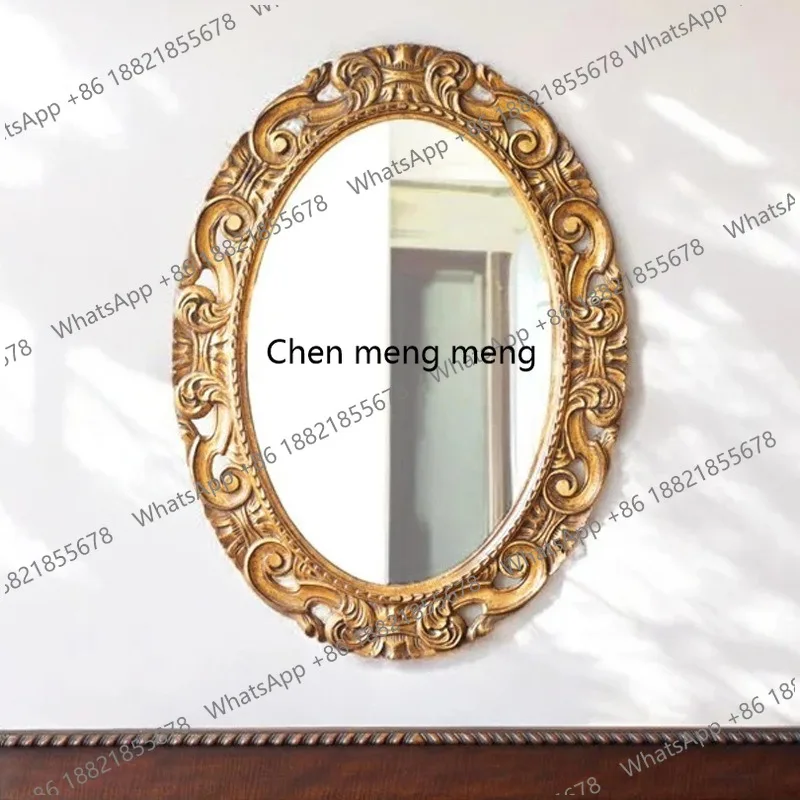 Espejo cosmético ovalado con marco tallado francés, espejo decorativo retro de lujo ligero, espejo de pared para entrada, espejo colgante de pared