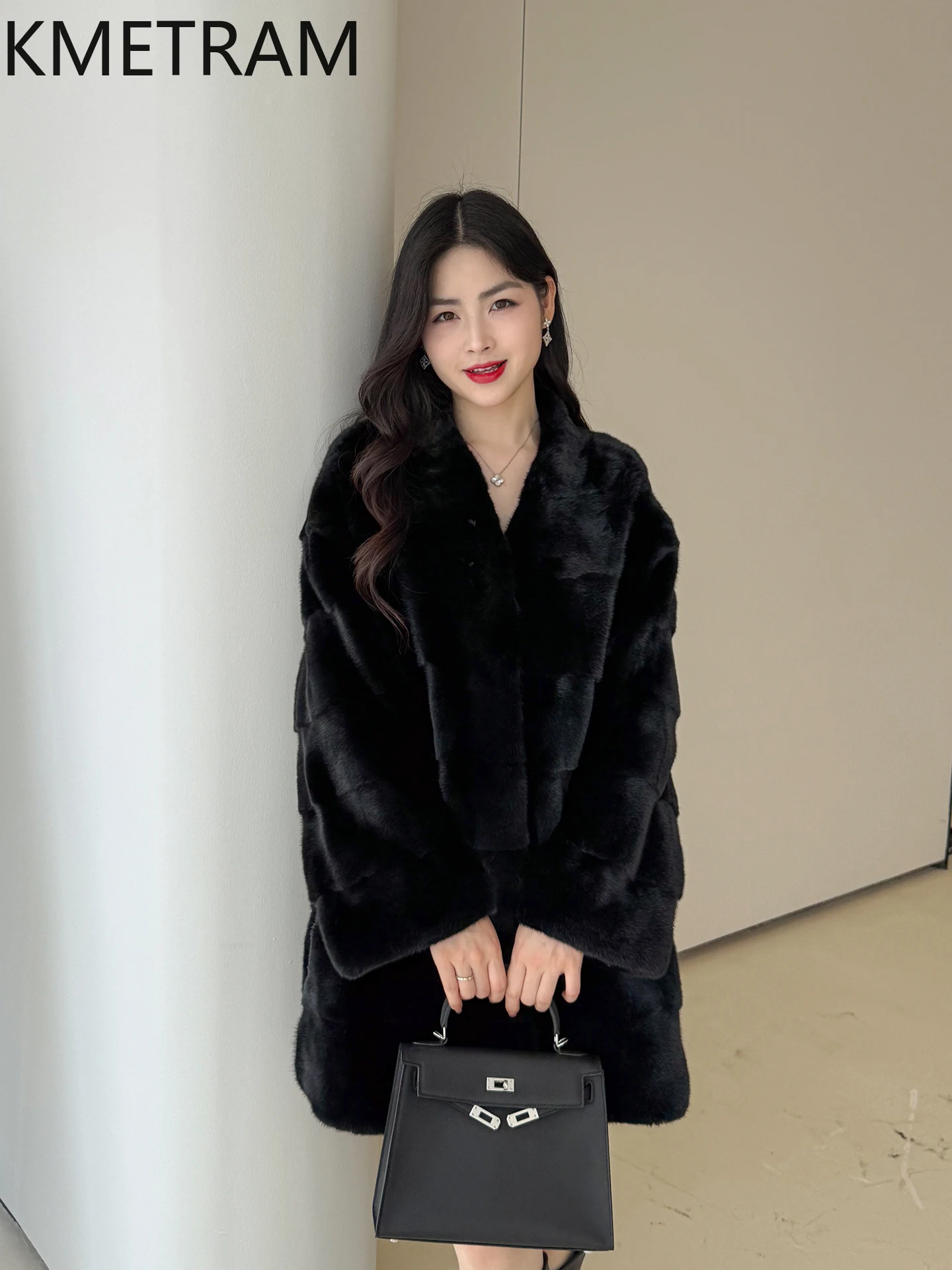 KMETRAM 100% abrigos de piel de visón mujer con cuello en V negro abrigo de piel auténtica longitud media fiesta invierno nueva ropa de abrigo 2025 fourrures femmes