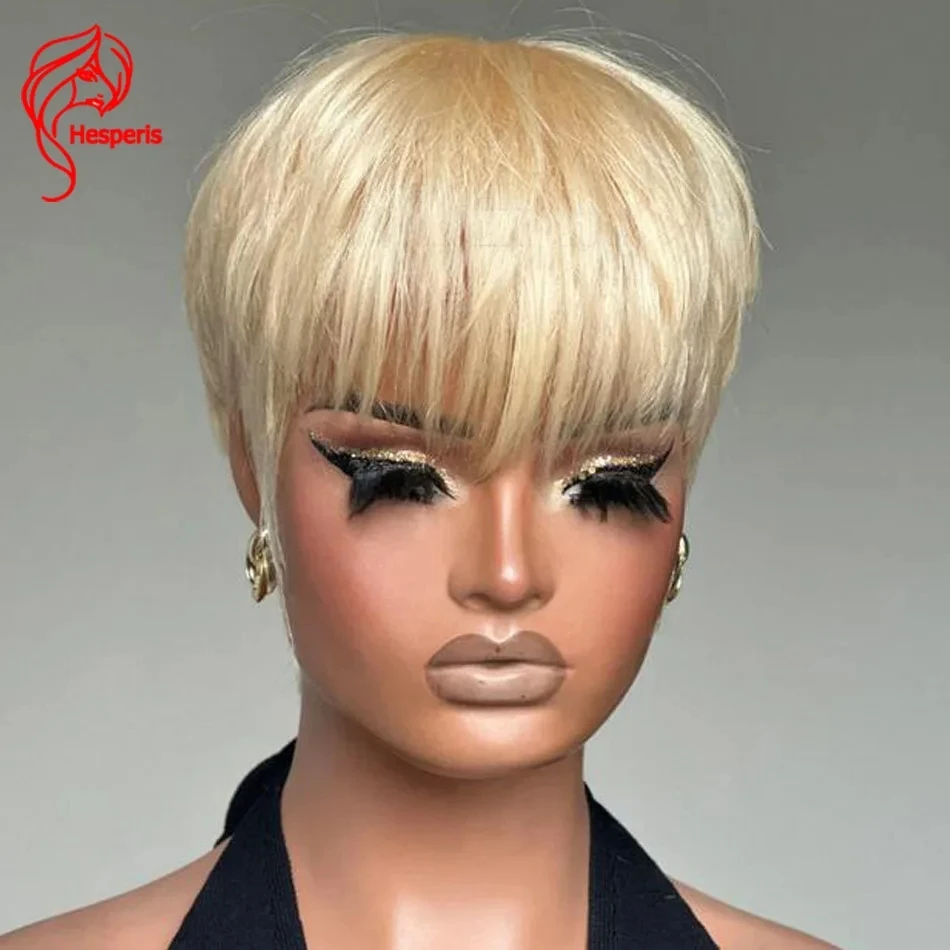 Hesperis 613 Blonde Hair Short Wigs Full Machine Made Human Hair Wig With Bang Short Pixie Cut Wig Layered Cut Wig For Women