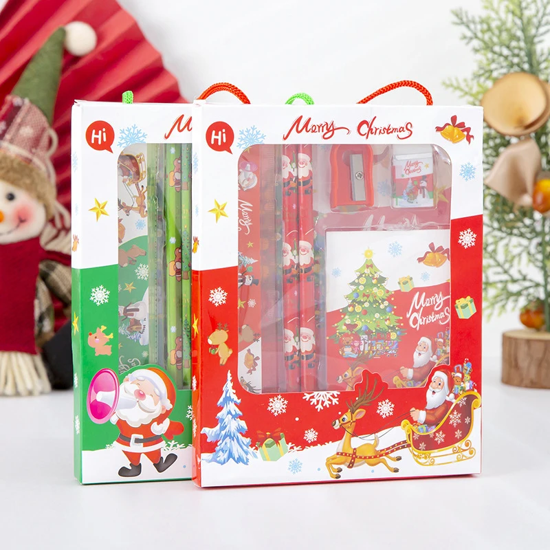 6Pcs/set Christmas Series Kids Stationery Students Ruler Pencil Eraser Pencil Sharpener Notepad Kit School Rewards Supplies