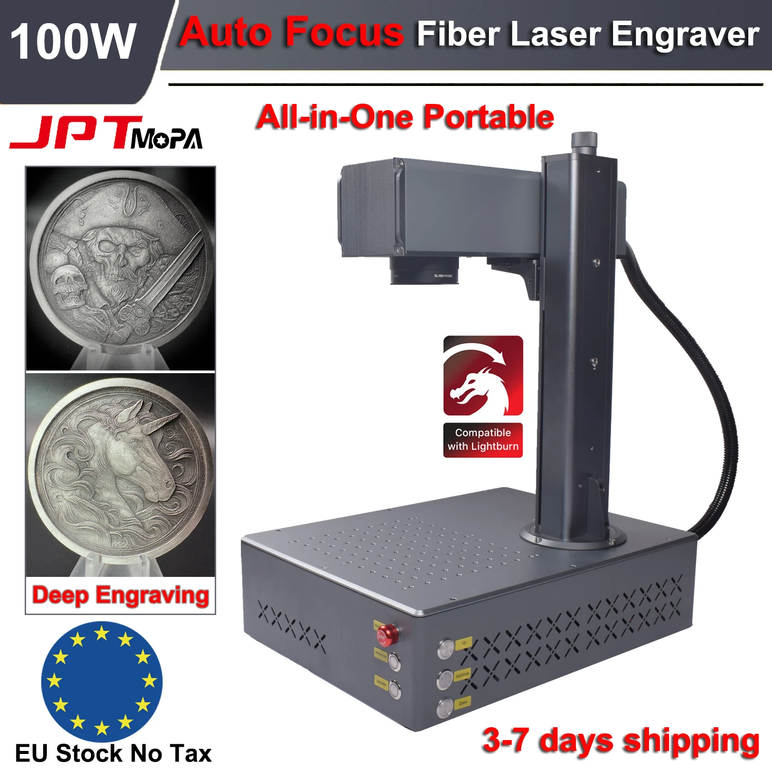 JPT Mopa 100W Autofocus Fiber Laser Engraver Portable Business Laser Marking Machine for Engraving All Metals Cutting Jewelry