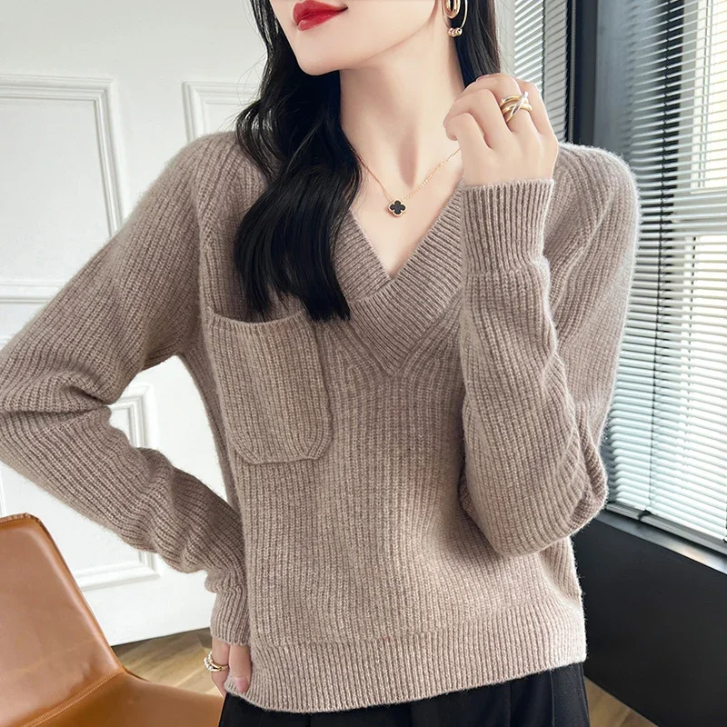 Early Autumn New Sweater Cashmere Short V-Neck Top Lazy Style Pullover Autumn Winter Long Sleeve Top Winter Clothes Women 2024