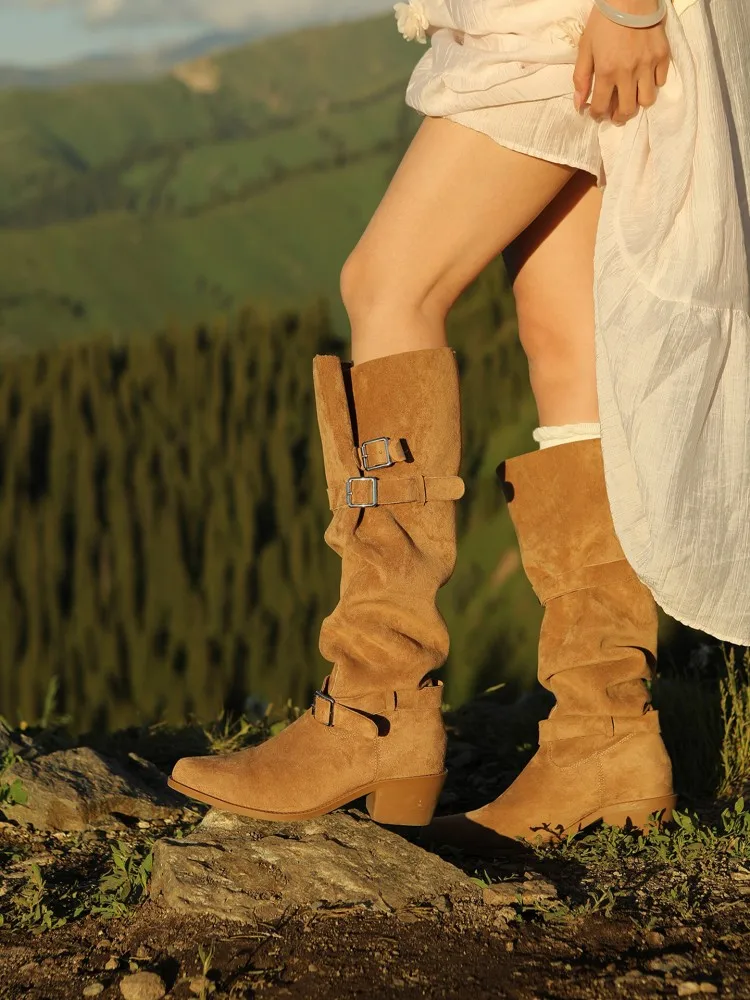 2026 New Autumn Winter Women Cow Suede Knee High Boots Solid Color Ladies Genuine Leather Boots Belt Buckle Chunky Heel Footwear