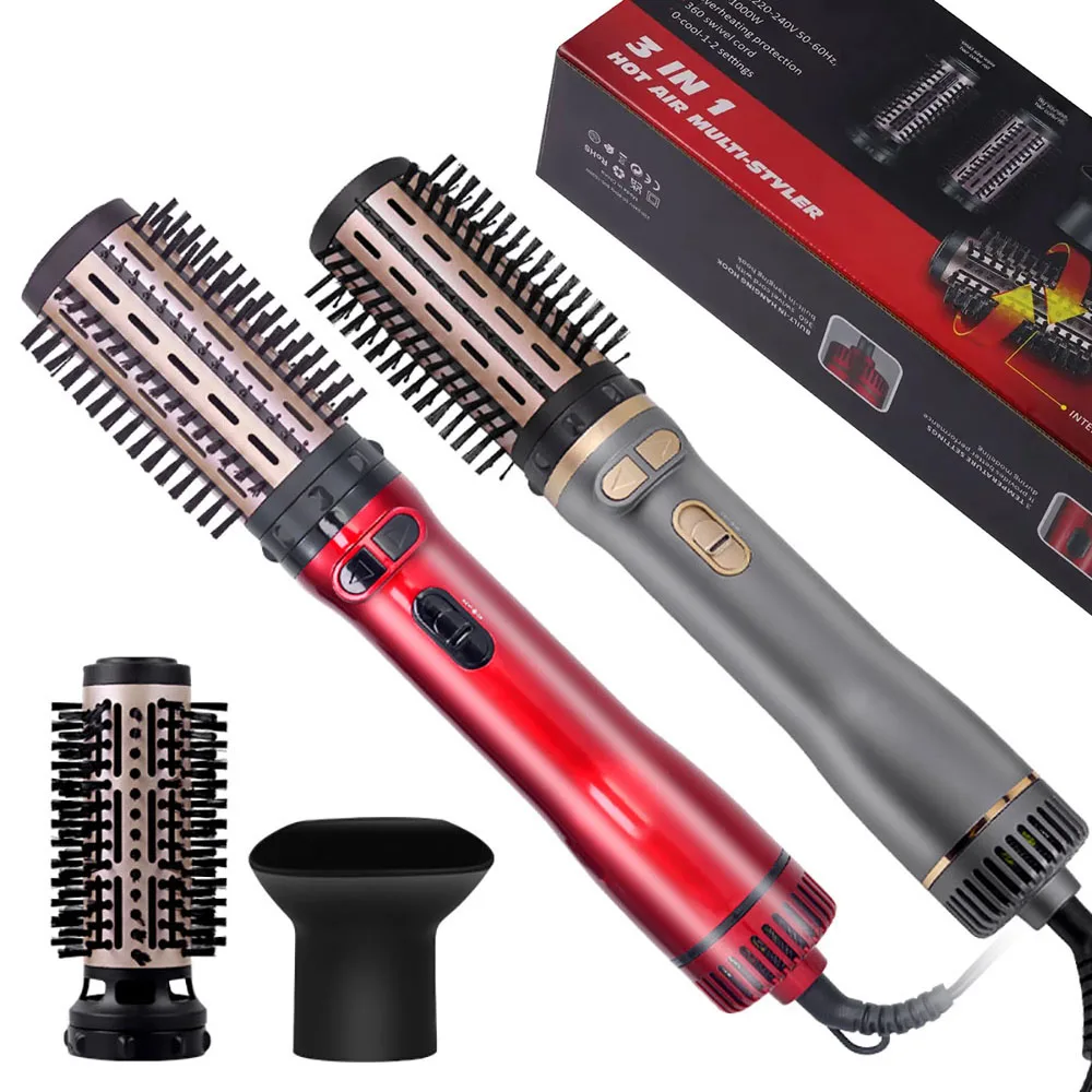 

Rotating Hair Dryer Brush 3 in 1 Electric Comb New Hot Air Straightener Curler Iron Big Wave 3 Gears Blower Replaceable 3 Heads