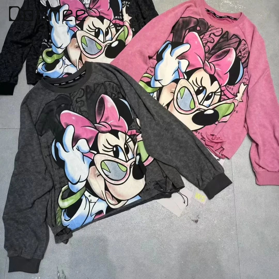 2025 ฤดูใบไม้ร่วงHeavyการ์ตูนพิมพ์หลวมผ้าฝ้ายรอบคอPulloverเสื้อแขนยาวผู้หญิงสีดําKawaiiเสื้อผ้า