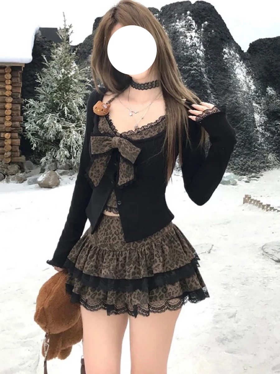 

Spring Summer Pure Desire Sweet Spicy Leopard Print Lace Knot Top Coat Waist in Slimming Lace Cake Skirt Two Piece Set