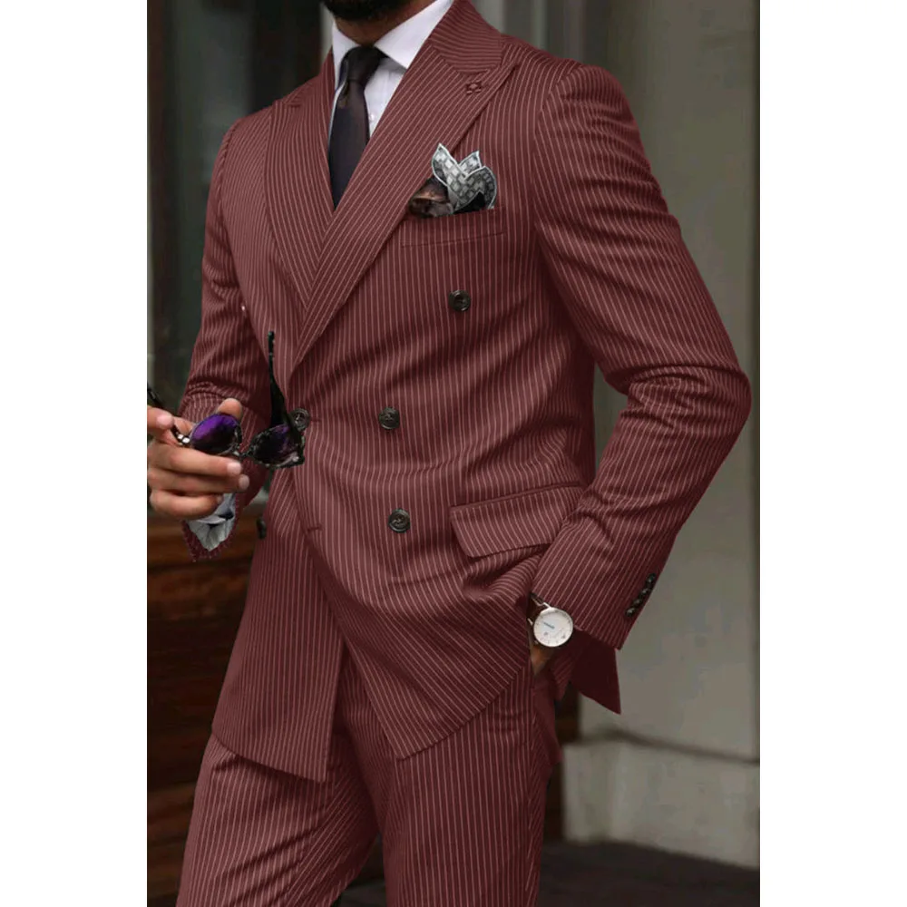 Men\'s Pinstripe Two Piece Suit Double Breasted Elegant Stylish Work Wear Hallowen Costume Man Men\'s Wedding Suits Mens Clothing