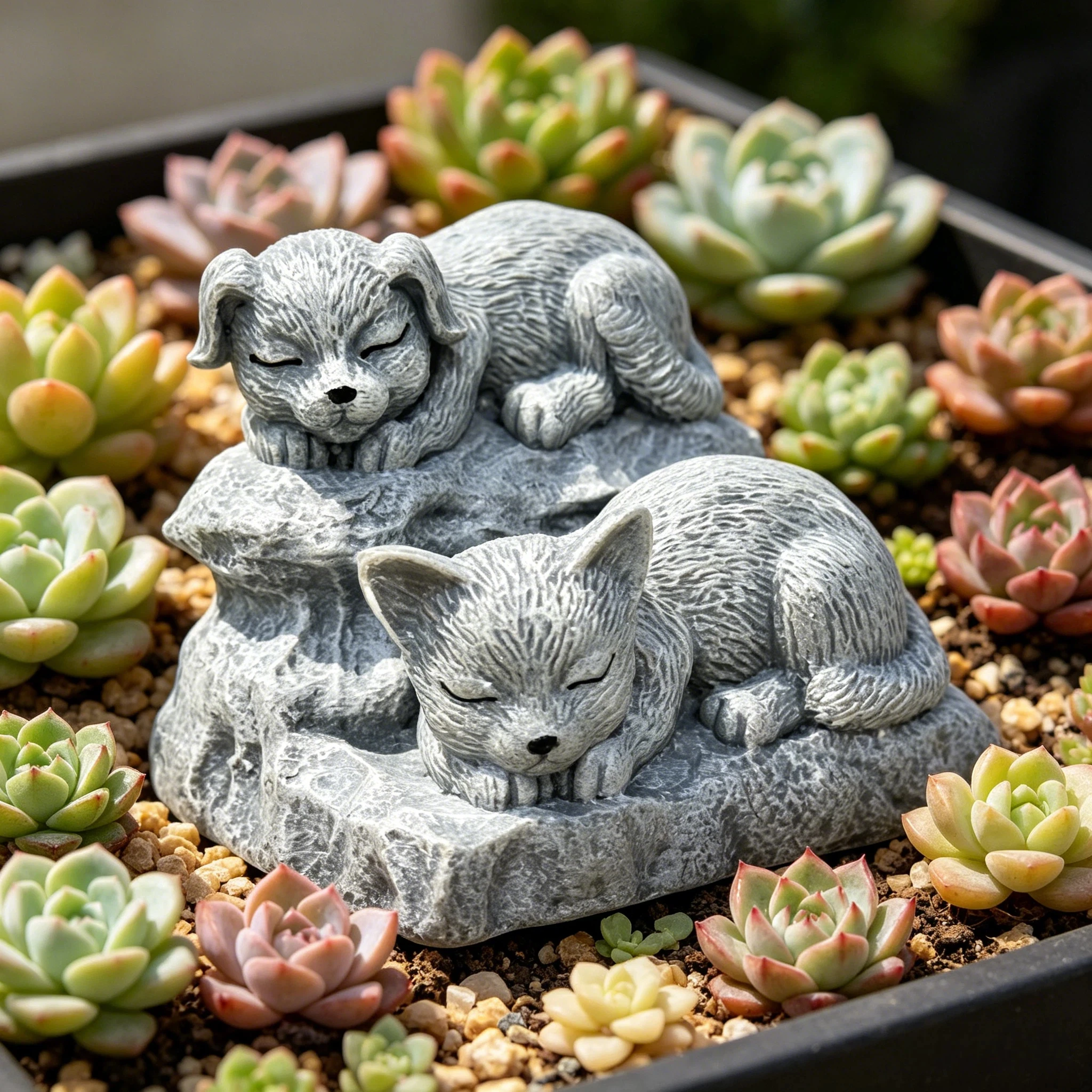 1Pc, Warm and Cozy Cat and Dog Resting Statue - Resin Craft with Stone-Like Texture, Used for Garden Landscaping