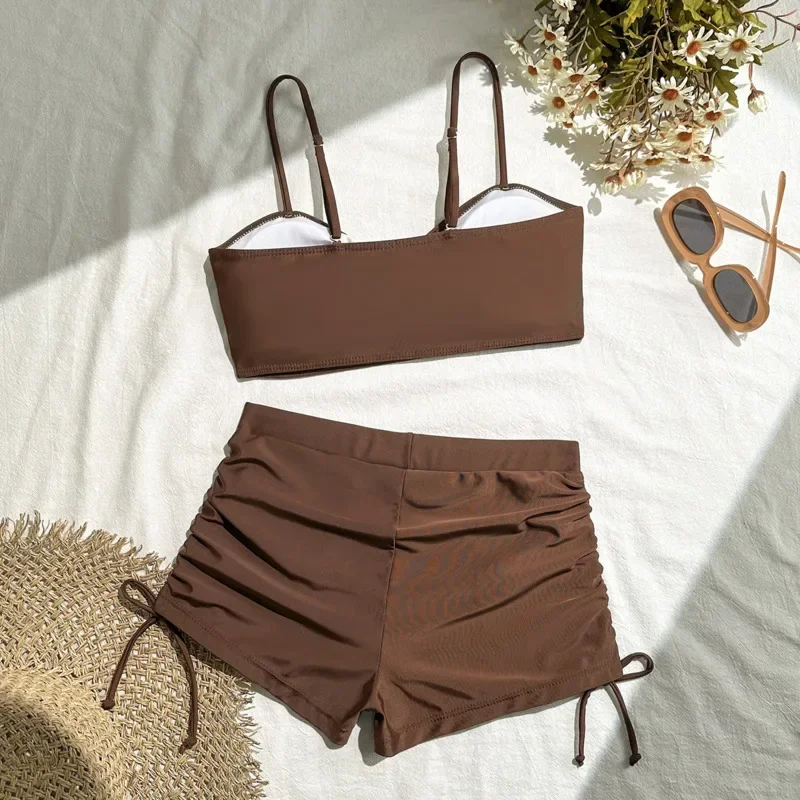 Summer Solid Swimsuits Tankini Sets Female Swimwear Push Up For Beach Wear Two-Piece Bathing Suits Pool Women's Swimming Suit