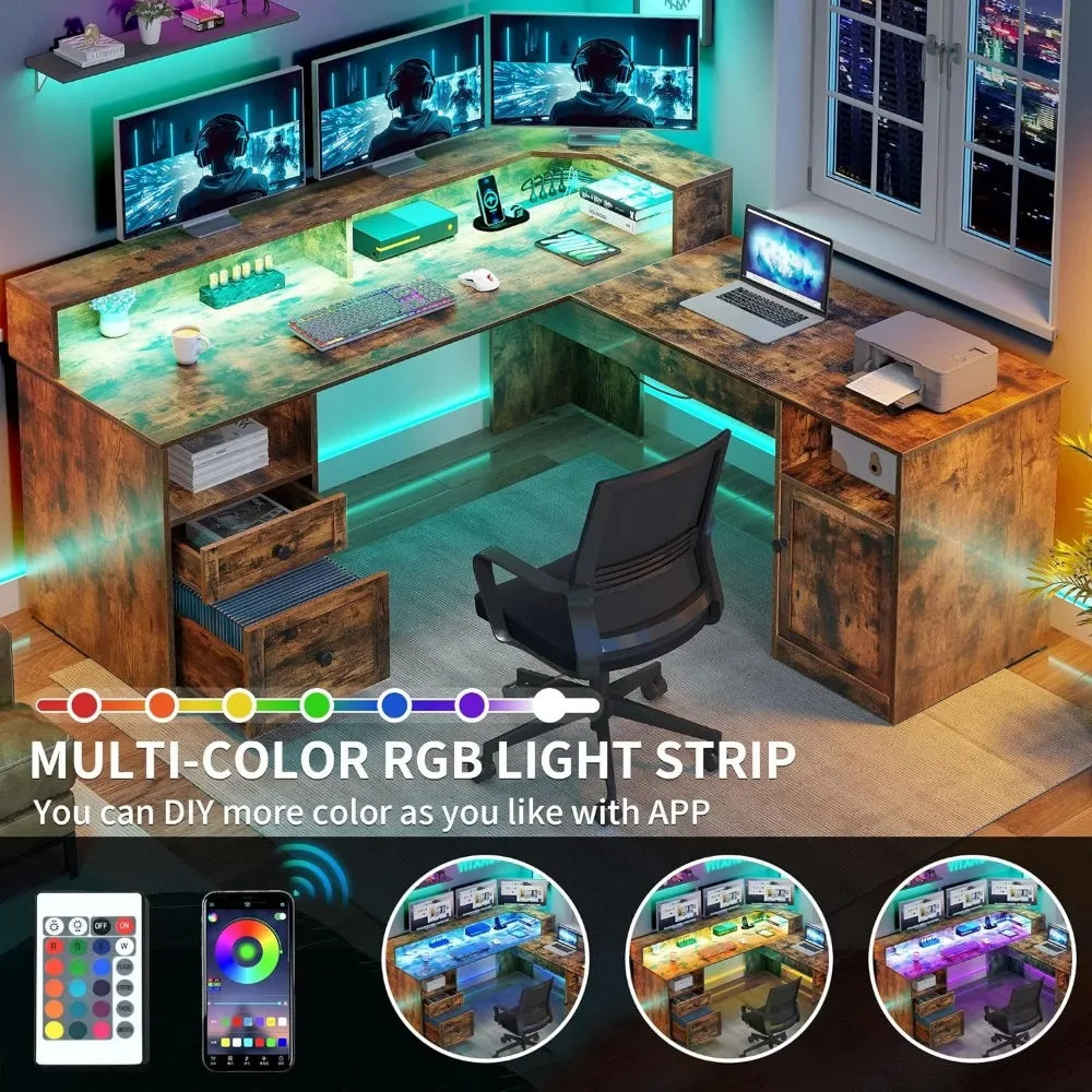 60” Corner Computer Desk With Drawers & Lift Top L Shaped Desk With Power Outlets & LED Lights Reading Table Freight free