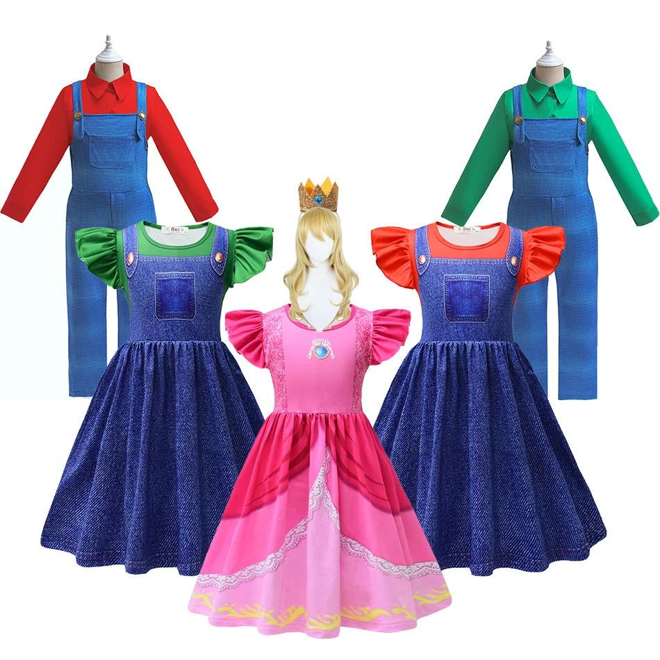 New Peach Princess Dress For Baby Girls Flying Sleeve Movie Role Playing Carnival Fancy Clothes Boys Performance Two-piece Set