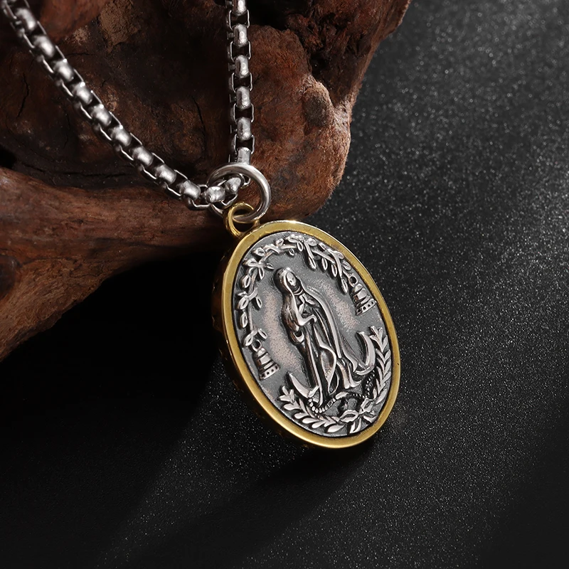 Vintage Catholic Style Virgin Mary Medal Pendant Stainless Steel Necklace for Men Women Church Wear Prayer Jewelry Amulet Gift image 5