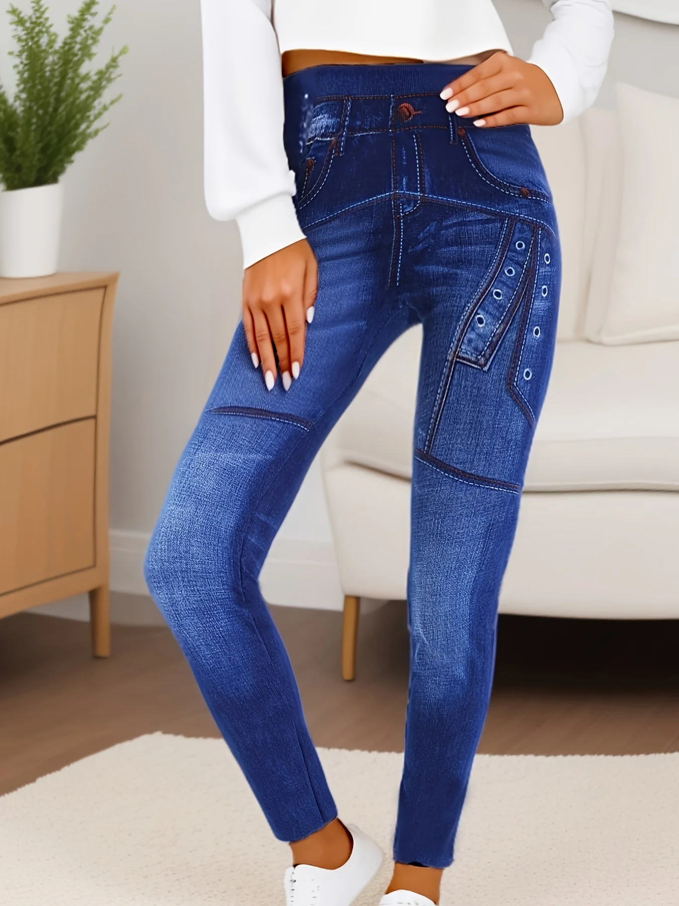 Casual En Elegante Sport Imitatie Denim Leggings Met Oogjes Bedrukt En Geverfde Leggings Hardlopen En Fitness Cropped Broek