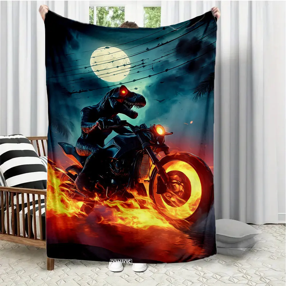 Dinosaur Rider and Motorcycle Pattern Flannel printed blanket suitable for all seasons suitable for room office sofa and travel