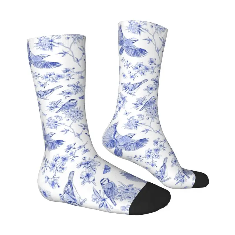 Kawaii Print French Toile De Jouy Inspired Blue Bird Pattern Socks for Women Men Stretchy Summer Autumn Winter Crew Socks