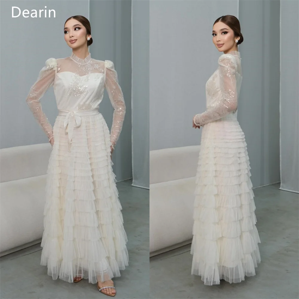 

Prom Dress Dearin High Collar A-line Floor Length Skirts Draped Sequin Layered Tulle Bespoke Occasion Dresses Evening Formal Gow