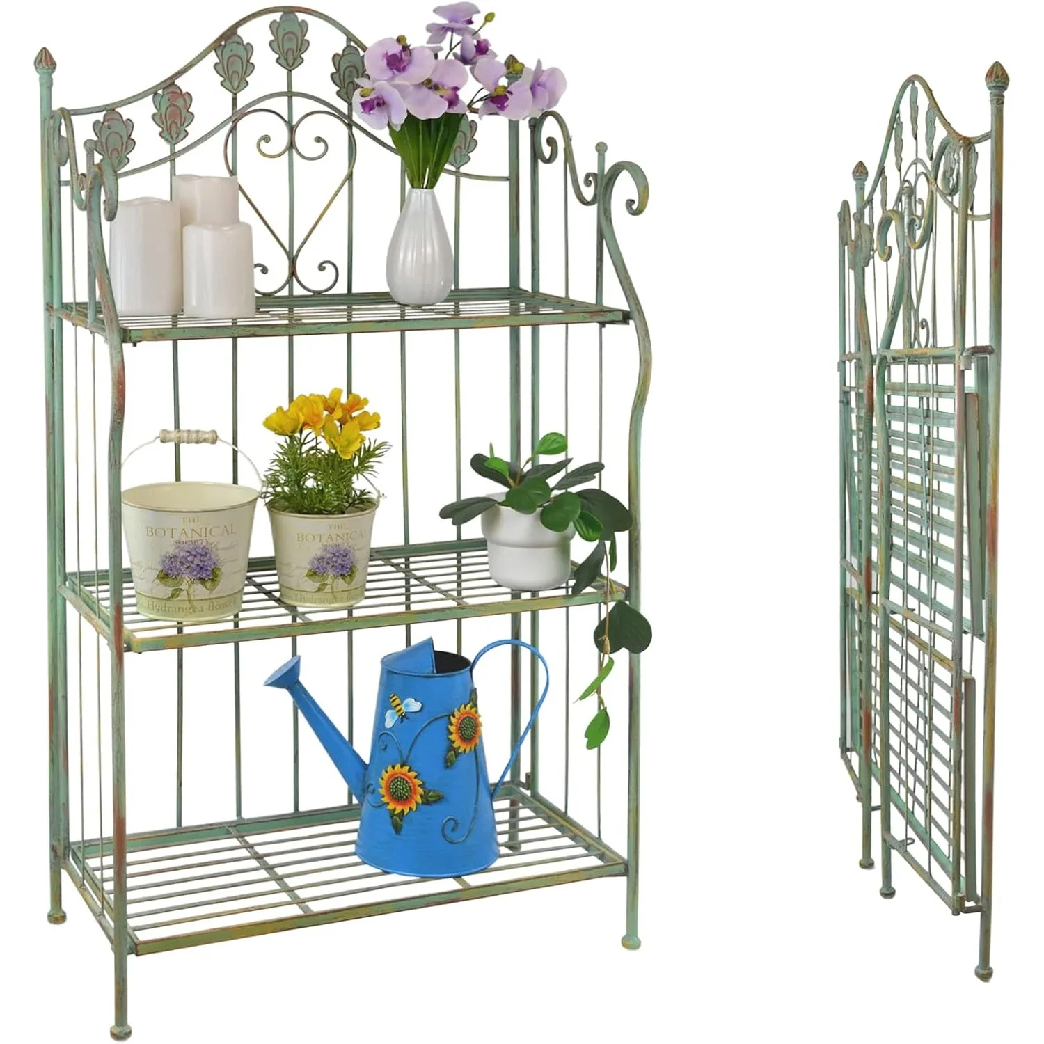 Pre-Assembled Foldable Three-Tier Green Plant Stand | Indoor Outdoor Baker's Rack with Scrolling Heart & Peacock Tail Motif