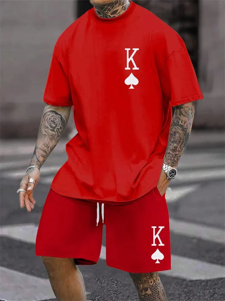 

New Men's Short Sleeve Shorts Set Fashion King Printed T-Shirt Shorts 2 Sets of Casual Round Neck Jumper Breathable Sportswear