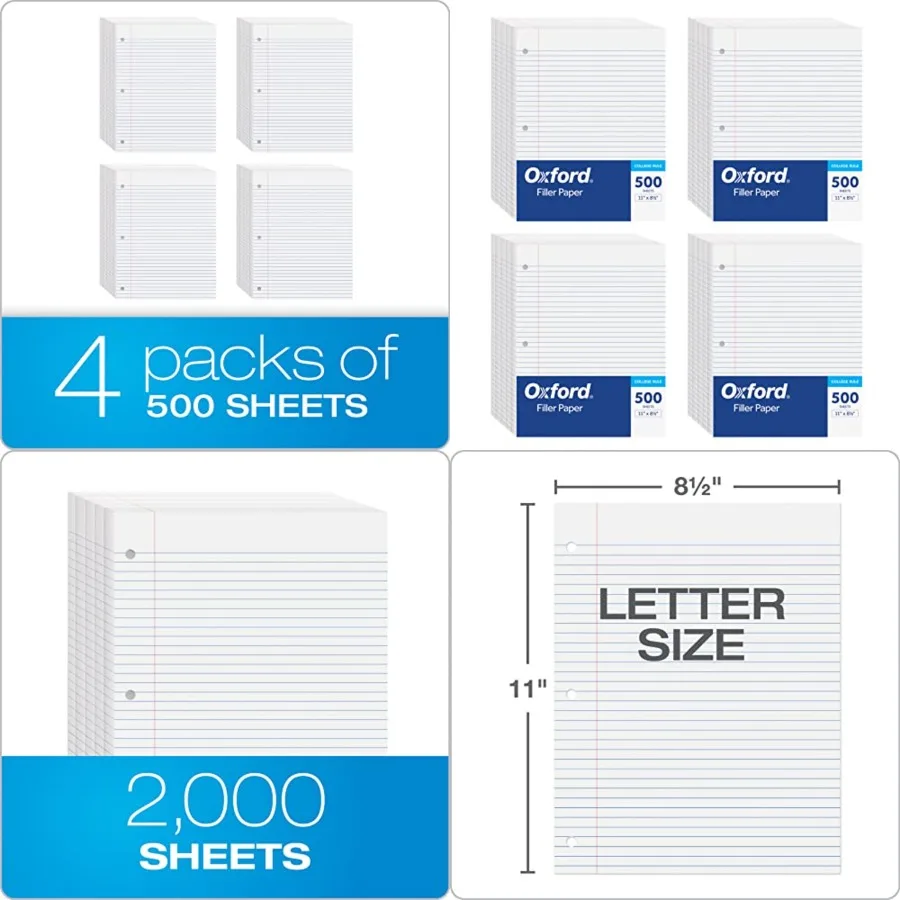 

Loose Leaf Paper, 2000 Sheets, College Rule Filler Notebook Paper, 8-1/2 x 11, 3-Hole Punched Fits 3-Ring Binders, 4 packs of 5