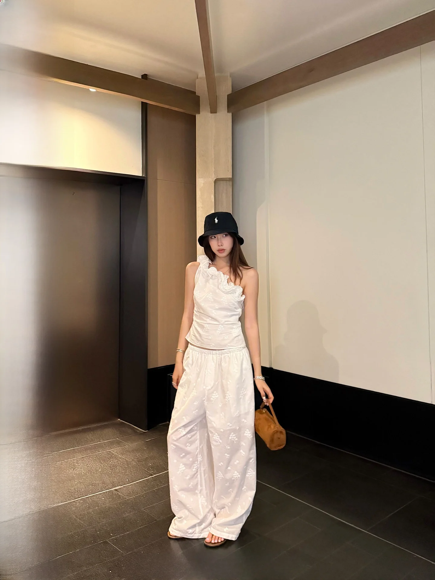 

Ranwear Linen Wide Leg Casual Pants Ear Look Shoulder Asymmetrical Top Multi Version Set High Waist Zipper Closure Slim Fit