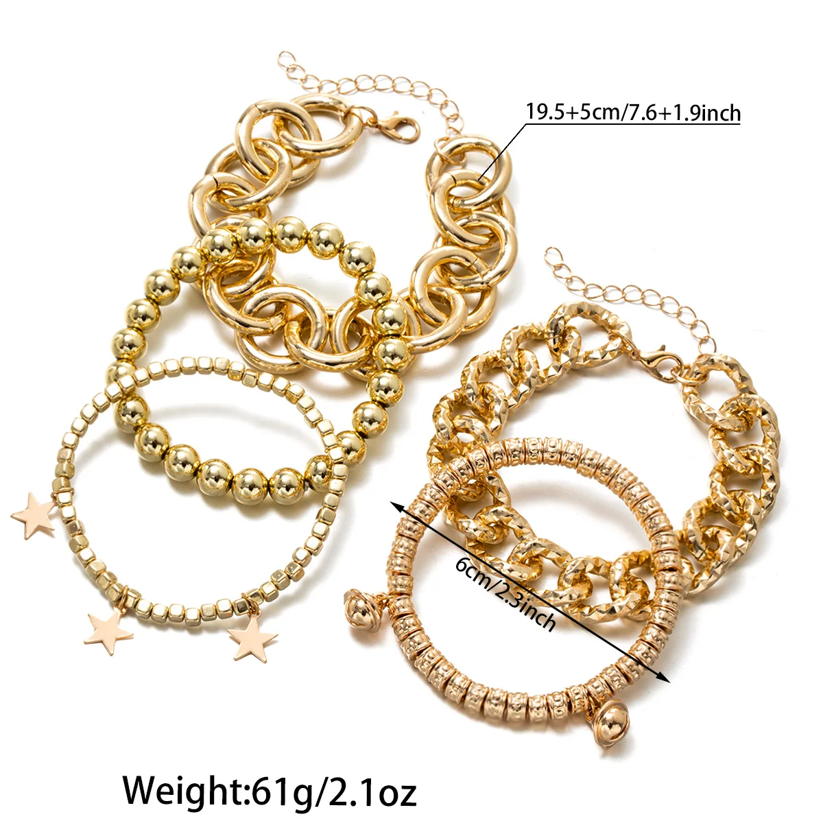 European and American Golden Multi-Layer Set Bracelets, Thick Chain Star and Round Bead Stackable Bangles