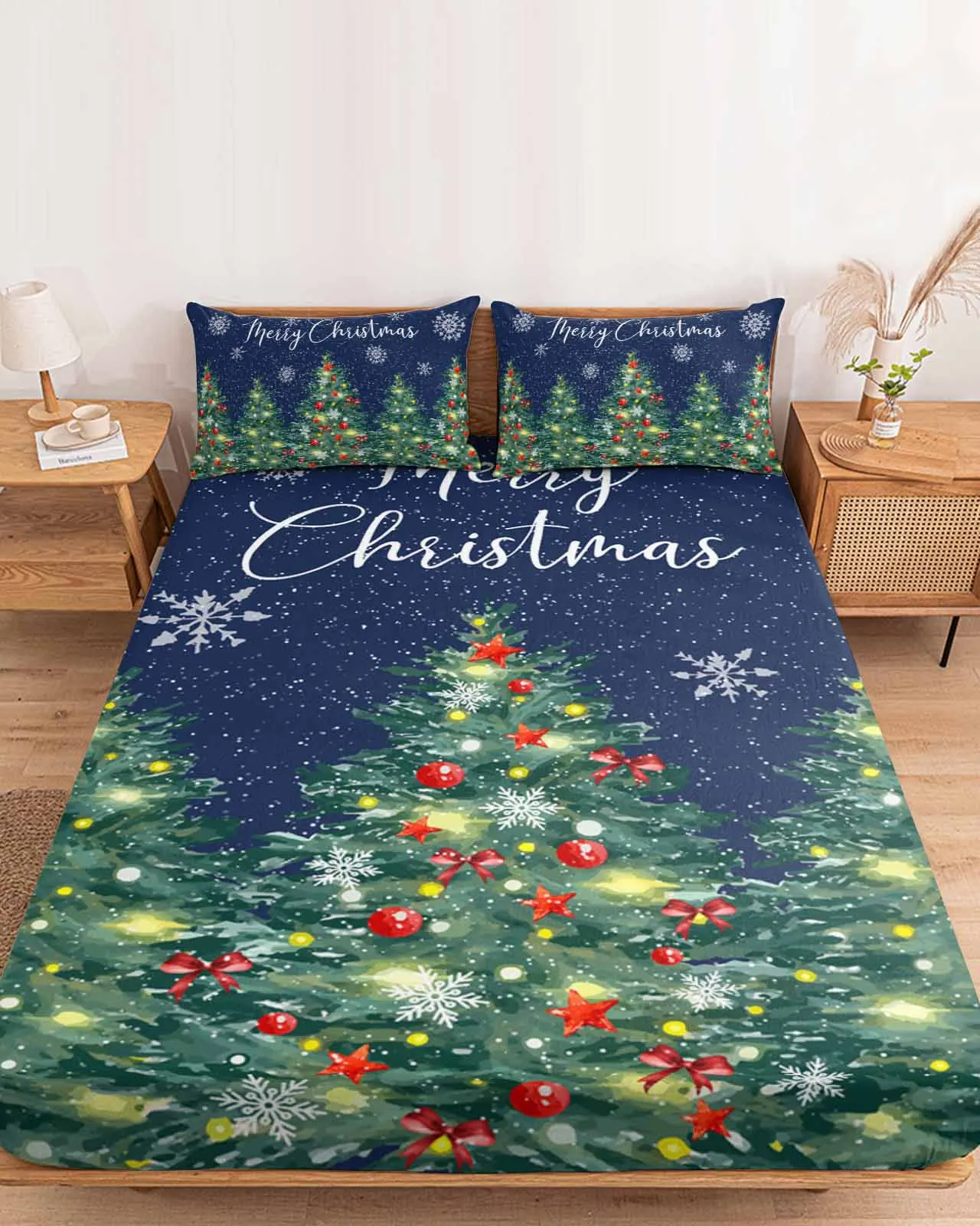 

Christmas Tree Text Snowflake Polyester Fitted Sheet Mattress Cover Four Corners Elastic Band Bed Sheet Pilllowcase