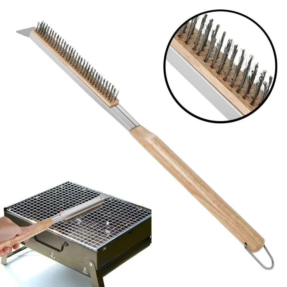 

53.5cm Long Kitchen Pizza Oven Brush Wood Handle with Scraper Grill Cleaning Brush Stainless Steel Bristles Heat-Resistant