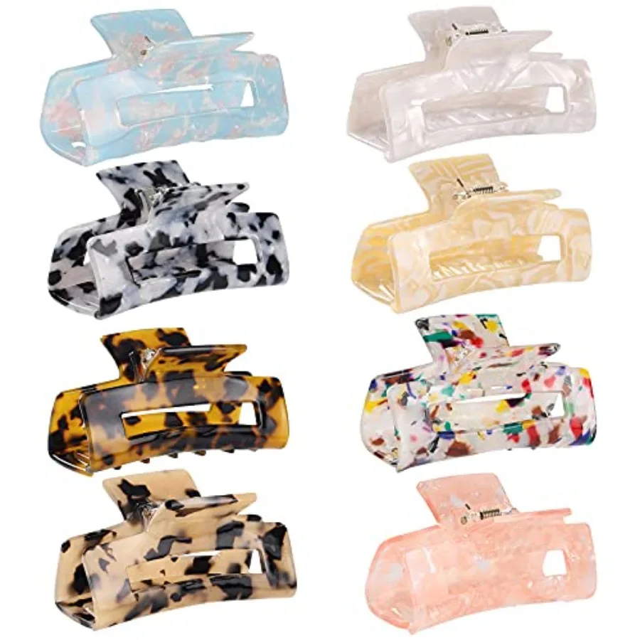 

Hair Claw Clips 8 Pack for Women: Tortoise Shell Rectangle Shape Clips, Acrylic Material, Brown-Black Tone, Extra-Grip Teeth De