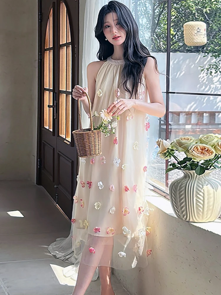 Women New Mesh Appliques Chic Neck-mounted Midi Dress Summer Boho Elegant Loose Waist Casual Dress 2025 Korean Luxury Prom Dress