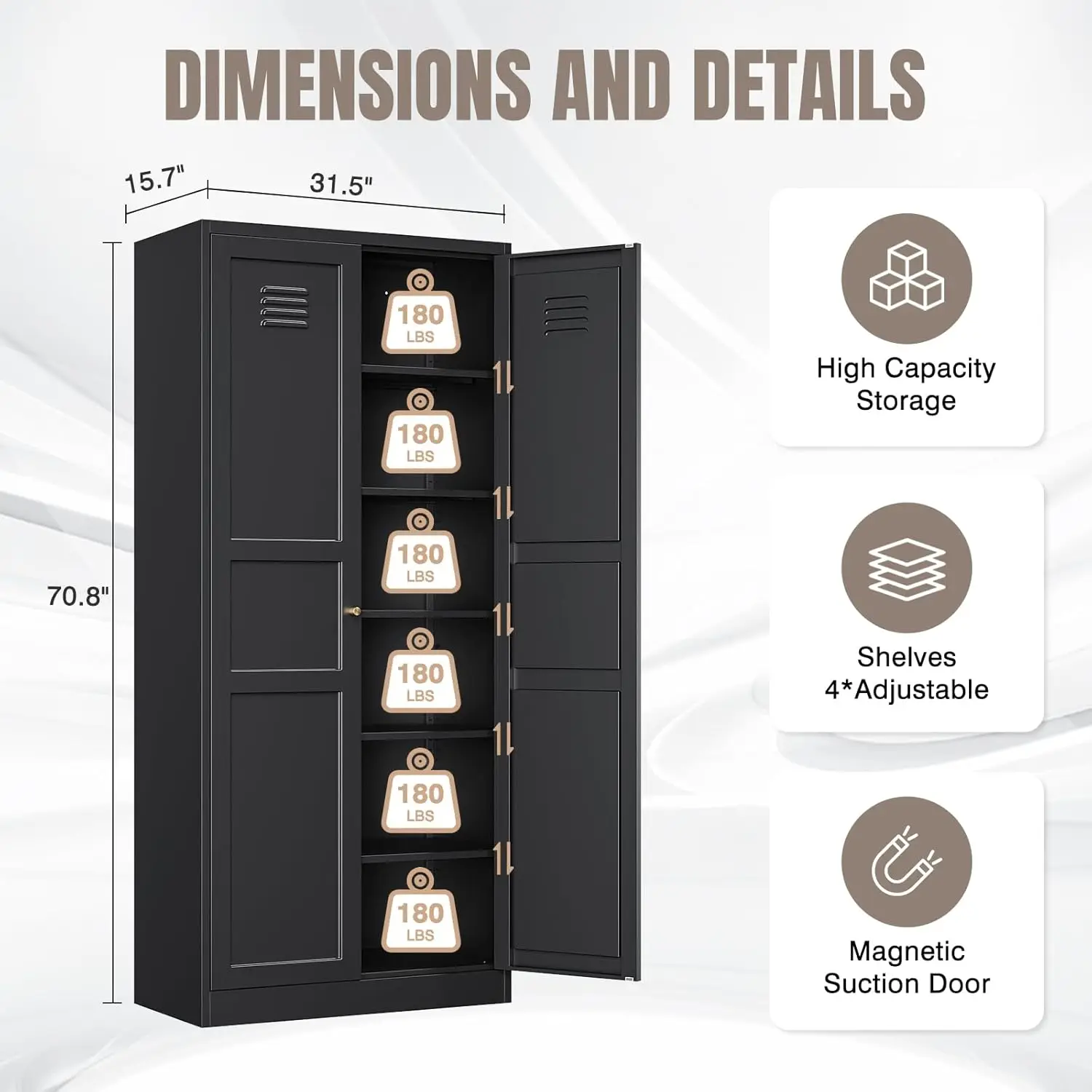 Metal Storage Cabinet with 2 Doors and 5 Adjustable Shelves - 71