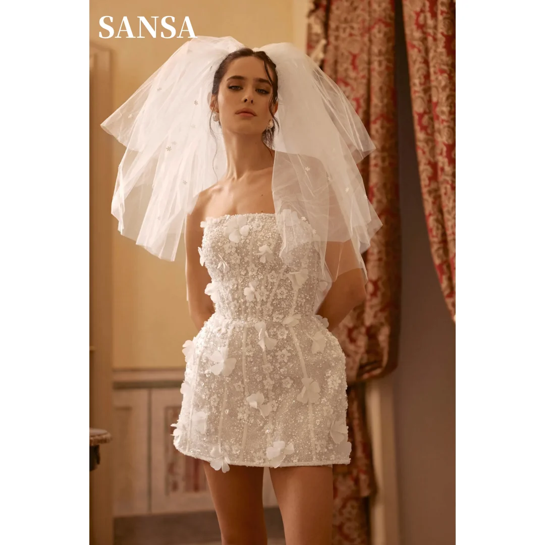 Sansa Princess Mini Flower فساتين السهرة Strapless 3D Flower Lace Vestidos De Noche Elegant Fishbone Prom Dresses 2024