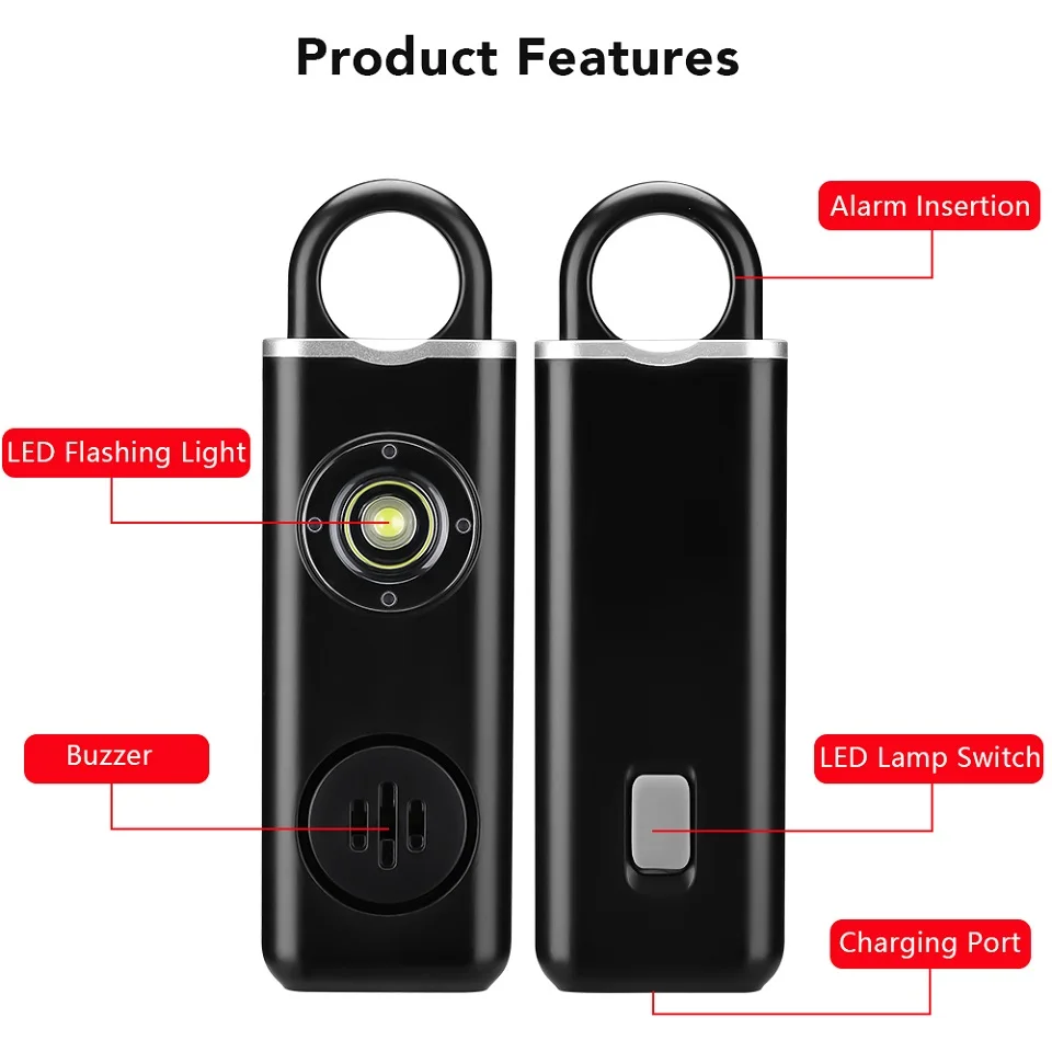 Personal safety alarm features LED light buzzer and charging port