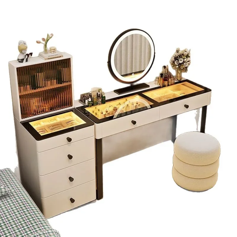 #Wood Bedroom Dressing Makeup Vanities Room Cabinet Glass Top Light Mirror Organizer Storage Drawers Tocador Maquillaje Furnitur
